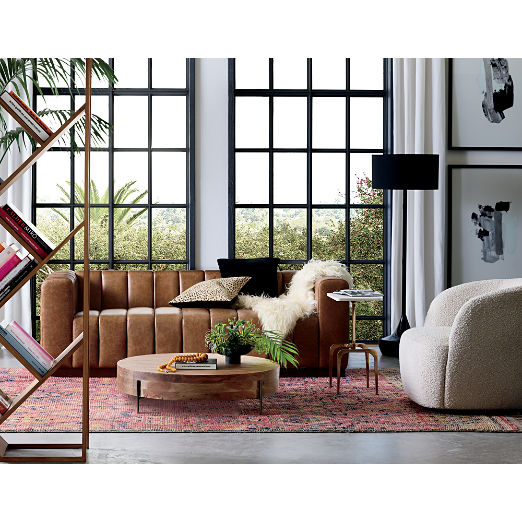 Forte 81" Channeled Leather Sofa with Walnut Base
