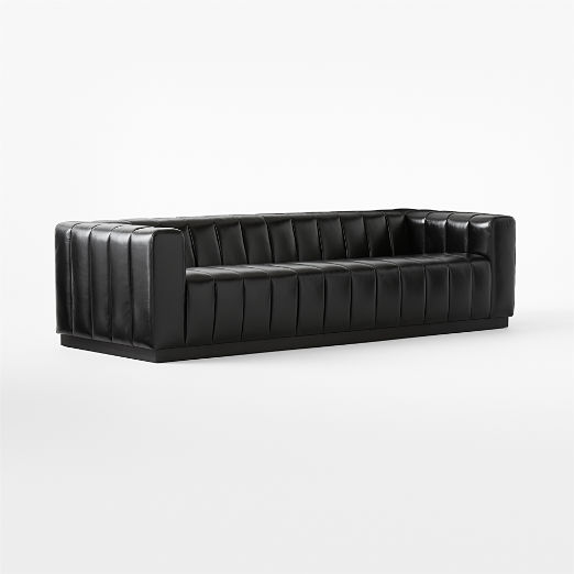 Forte 101" Extra-Large Channeled Black Leather Sofa with Black Base