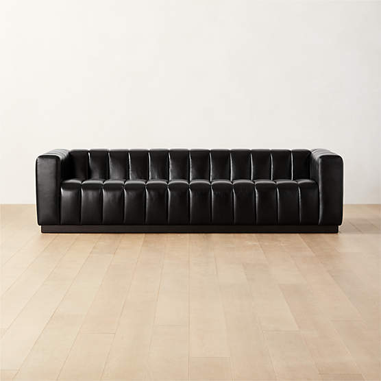 Forte 101" Extra-Large Channeled Black Leather Sofa with Black Base