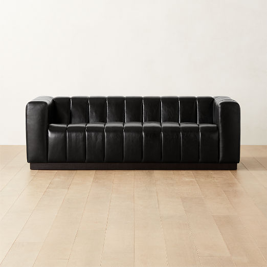 Forte 81" Channeled Black Leather Sofa with Black Base