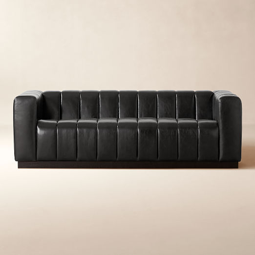 Forte 81" Channeled Black Leather Sofa with Black Base