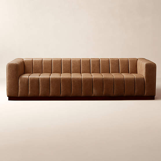 Forte 101" Extra-Large Channeled Saddle Leather Sofa with Walnut Base