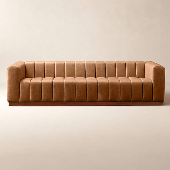 Forte 101" Extra-Large Channeled Saddle Leather Sofa with Walnut Base