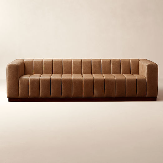Forte 101" Extra-Large Channeled Saddle Leather Sofa with Walnut Base