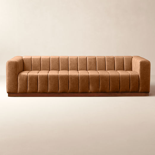 Forte 81" Channeled Saddle Leather Sofa with Walnut Base