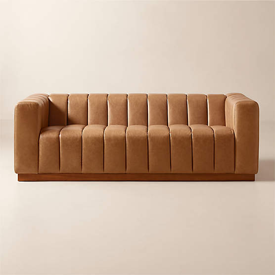 Forte 81" Channeled Saddle Leather Sofa with Walnut Base