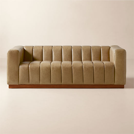 Forte 81" Channeled Saddle Leather Sofa with Walnut Base