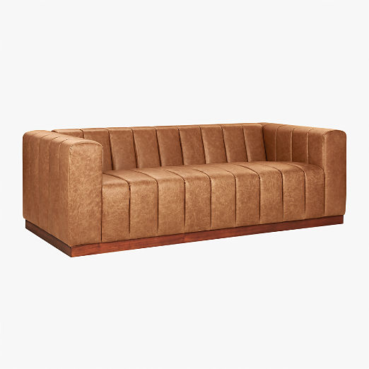 Forte 81" Channeled Leather Sofa with Walnut Base