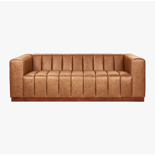 Forte 81" Channeled Saddle Leather Sofa with Walnut Base