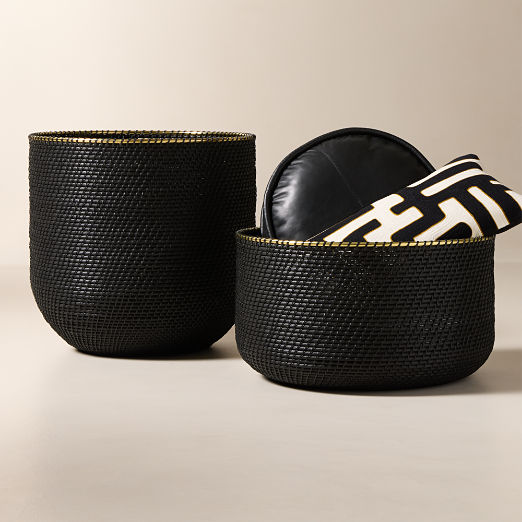 Frieze Handwoven Black Storage Baskets with Brass Rim