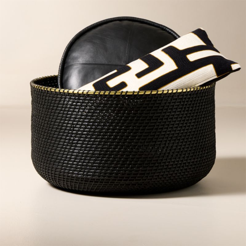 View Frieze Handwoven Black Storage Basket with Brass Rim Wide details