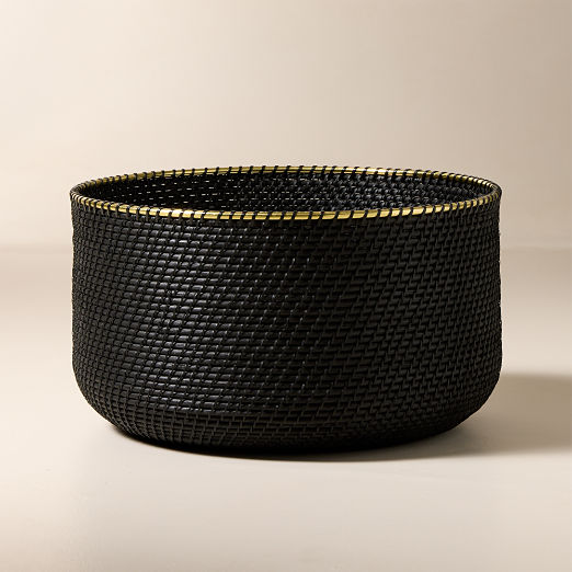 Frieze Handwoven Black Storage Basket with Brass Rim Wide