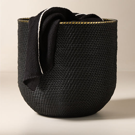 Frieze Handwoven Black Storage Basket with Brass Rim Tall