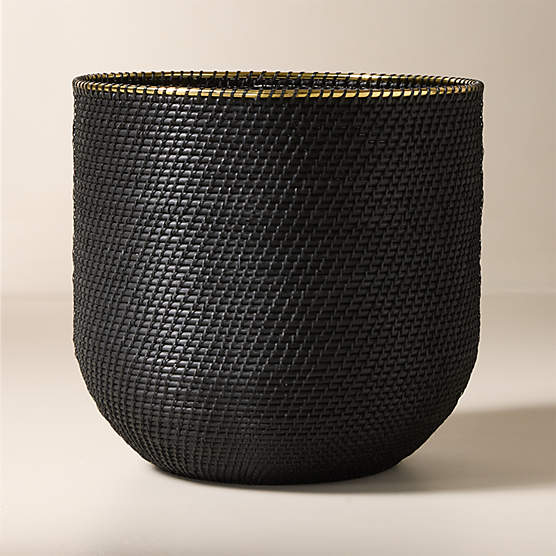 Frieze Handwoven Black Storage Basket with Brass Rim Tall