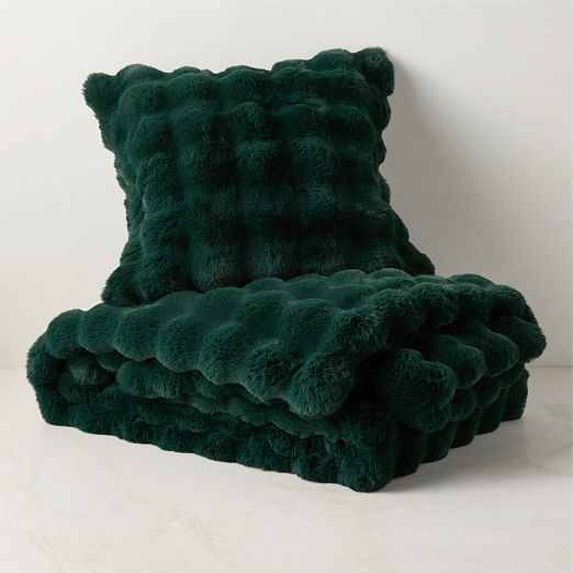 Farleigh Dark Green Faux Fur Throw Pillow with Feather-Down Insert and Throw Blanket Set