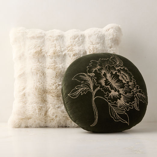 Farleigh Warm White Faux Fur Throw Pillow and Winter Peony Embroidered Green Velvet Throw Pillow Set