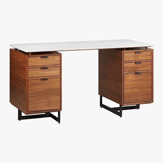 Fullerton 6-Drawer Walnut Wood Desk with White Marble Top