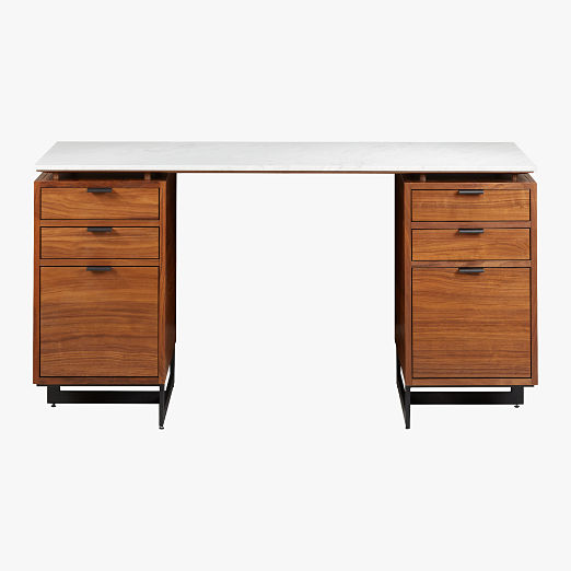 Fullerton 6-Drawer Walnut Wood Desk with White Marble Top