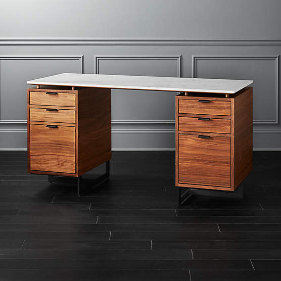 Fullerton 6-Drawer Walnut Wood Desk with White Marble Top