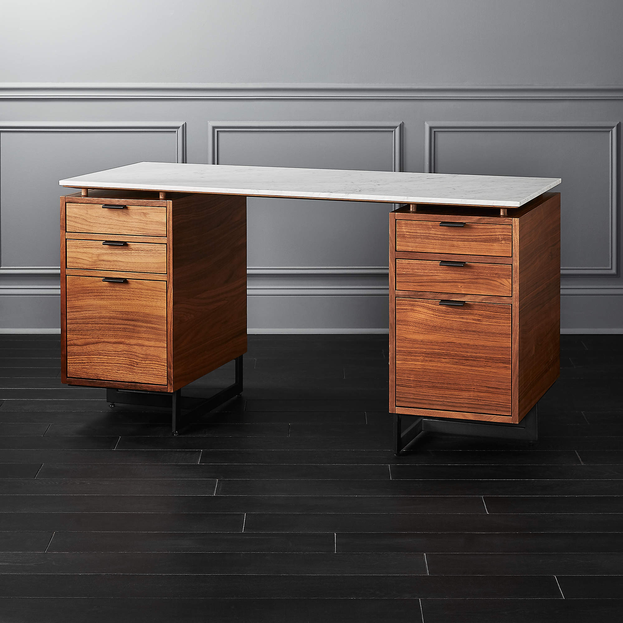 Fullerton Modern 6Drawer Walnut Wood Desk with White Marble Top