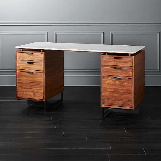 Fullerton 6-Drawer Walnut Wood Desk with White Marble Top