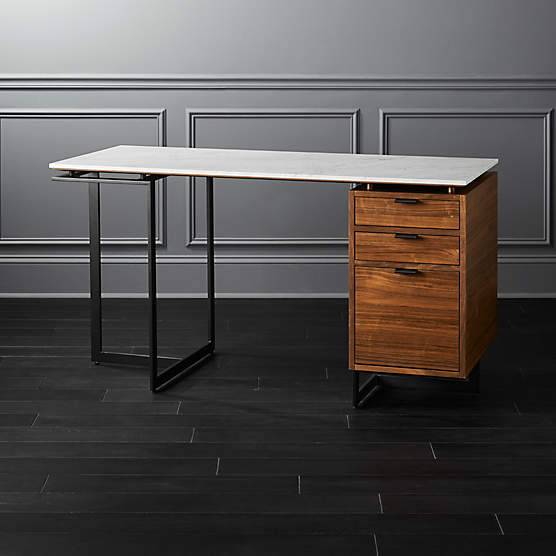 Fullerton 3-Drawer Metal and Walnut Wood Desk with White Marble Top