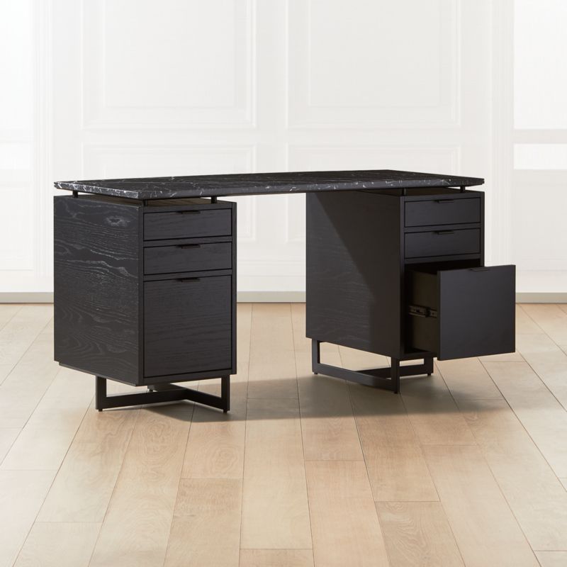 Fullerton 6-Drawer Black Oak Wood Desk with Black Marble Top - image 4 of 9