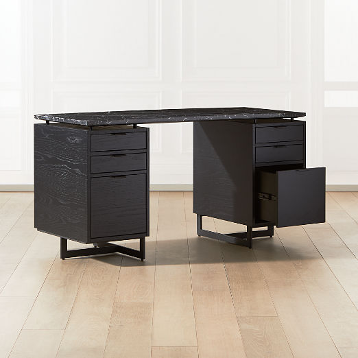 Fullerton 6-Drawer Black Oak Wood Desk with Black Marble Top