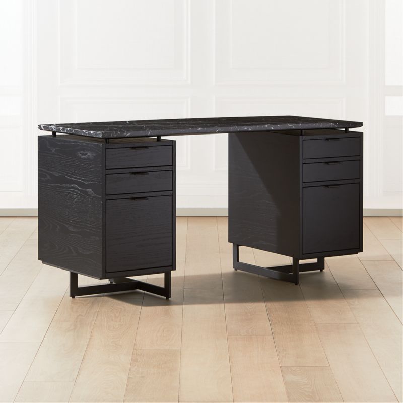 Fullerton 6-Drawer Black Oak Wood Desk with Black Marble Top - image 3 of 9