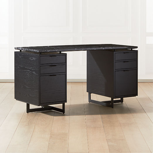 Fullerton 6-Drawer Black Oak Wood Desk with Black Marble Top