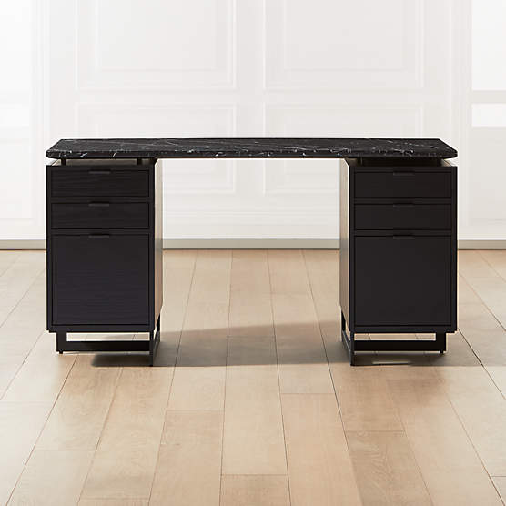 Fullerton 6-Drawer Black Oak Wood Desk with Black Marble Top