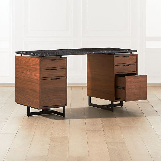 Fullerton 6-Drawer Walnut Wood Desk with Black Marble Top