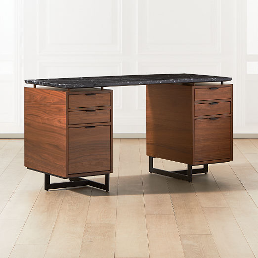 Fullerton 6-Drawer Walnut Wood Desk with Black Marble Top