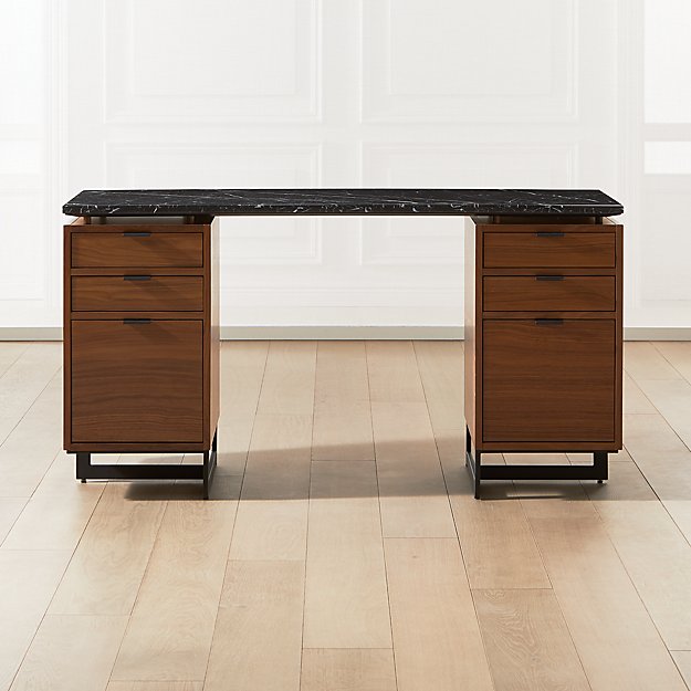 Fullerton Modern 6 Drawer Walnut Wood Desk with Black Marble Top Reviews CB2