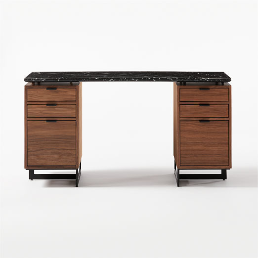 Fullerton 6-Drawer Walnut Wood Desk with Black Marble Top