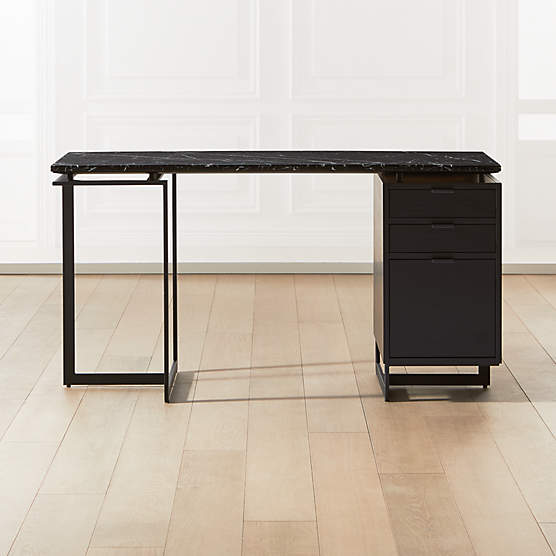 Fullerton 3-Drawer Black Metal and Oak Wood Desk with Black Marble Top