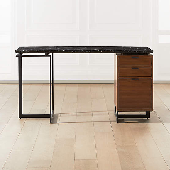 Fullerton 3-Drawer Metal and Walnut Wood Desk with Black Marble Top