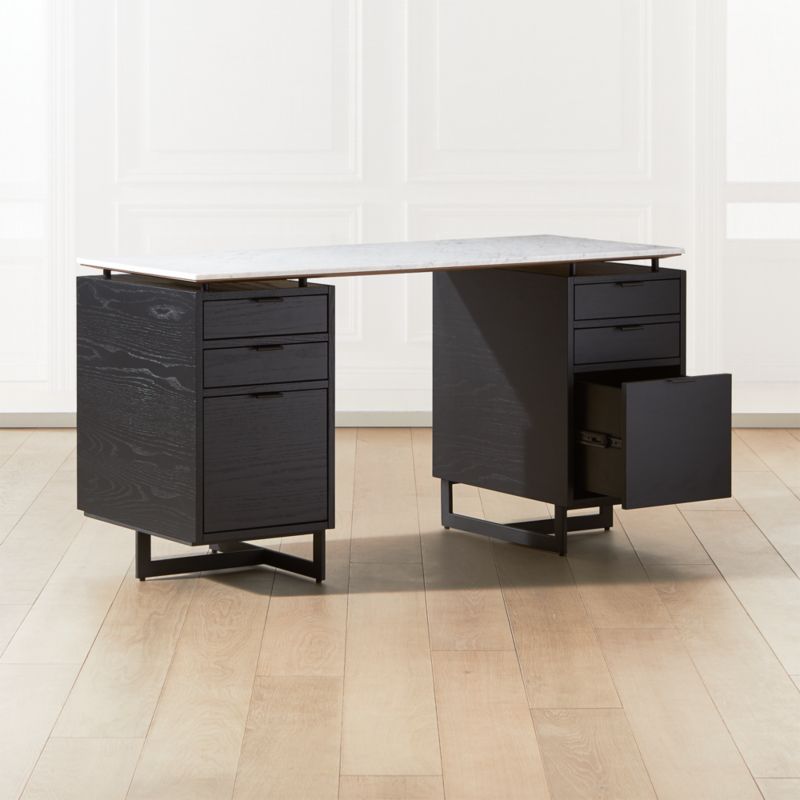 Fullerton 6-Drawer Black Oak Wood Desk with White Marble Top - image 4 of 9