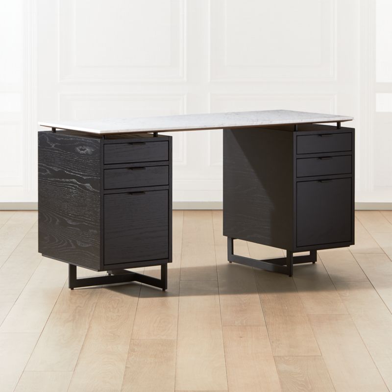 Fullerton 6-Drawer Black Oak Wood Desk with White Marble Top - image 3 of 9