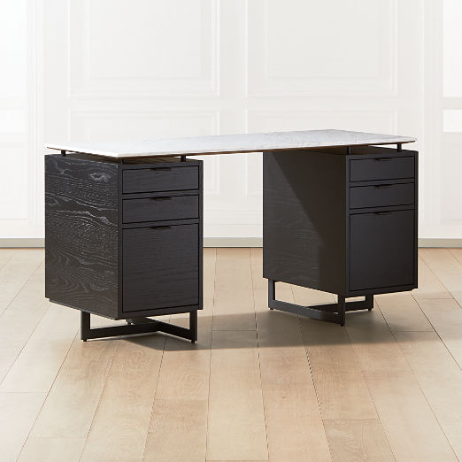 Fullerton 6-Drawer Black Oak Wood Desk with White Marble Top