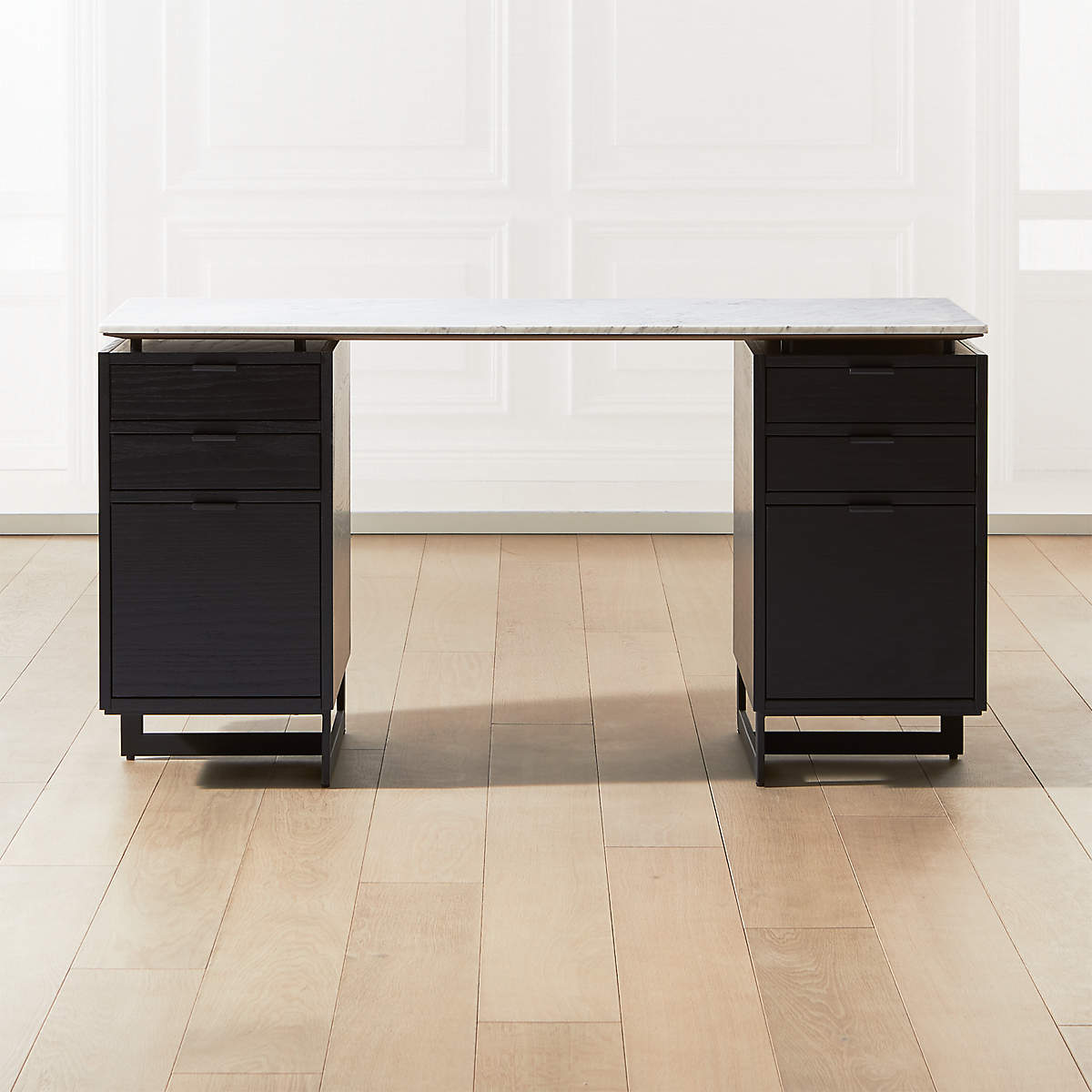 Fullerton Modern 6Drawer Black Oak Wood Desk with White Marble Top