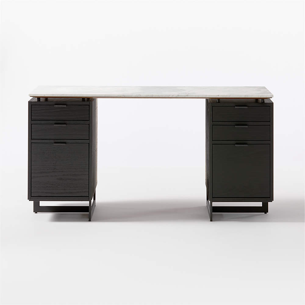 Fullerton Modern 6 Drawer Black Oak Wood Desk with White Marble