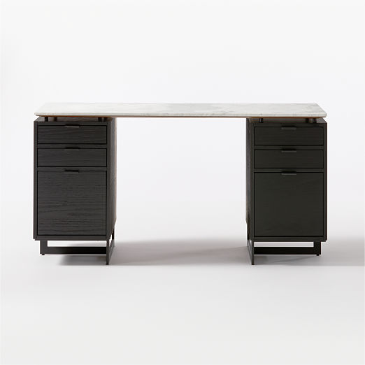 Fullerton 6-Drawer Black Oak Wood Desk with White Marble Top