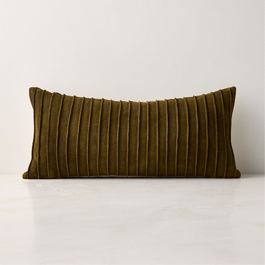 Gathered Olive Green Suede Lumbar Pillow with Down-Alternative Insert 23"x11"