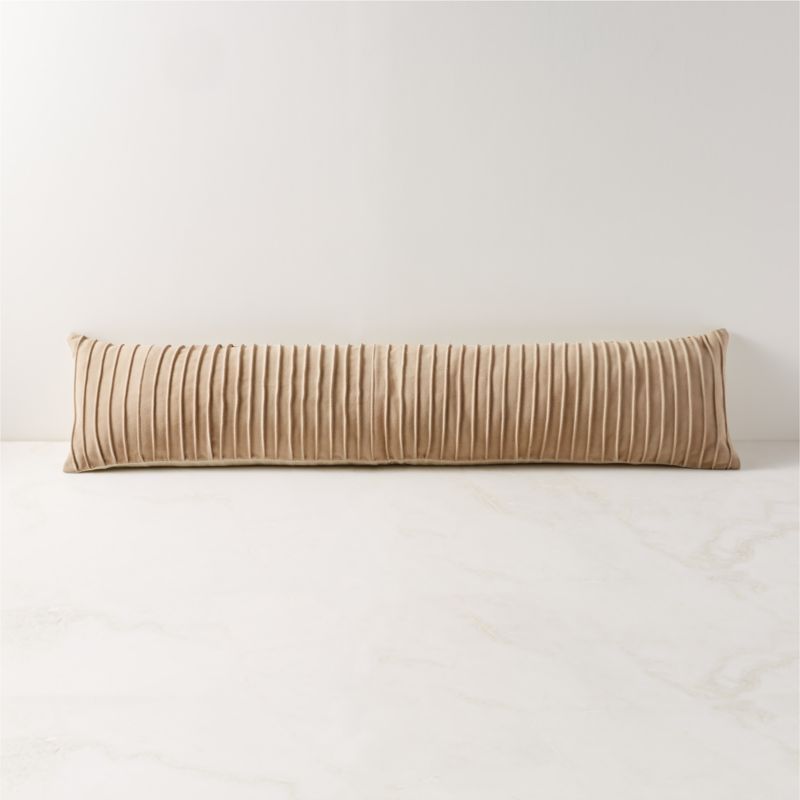 View Gathered Light Taupe Suede Lumbar Pillow with Down-Alternative Insert 48"x12" details