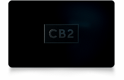 Black gift card with very dark gray CB2 logo centered on it. 