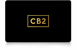 Black gift card with golden CB2 logo centered on it. 