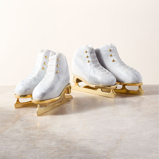 Glace Marble and Unlacquered Brass Ice Skates Decoration