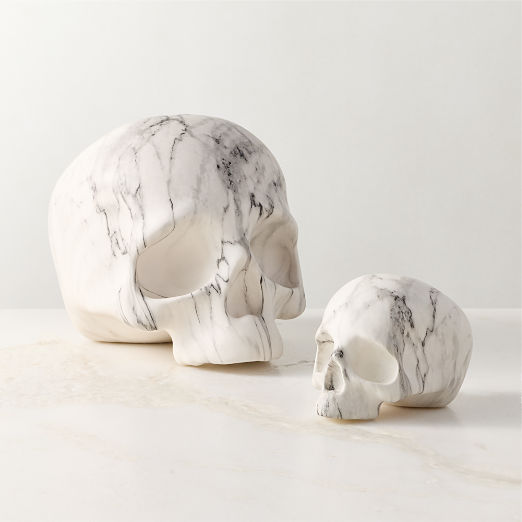 Halloween White Marbled Cement Decorative Skull Set of 2