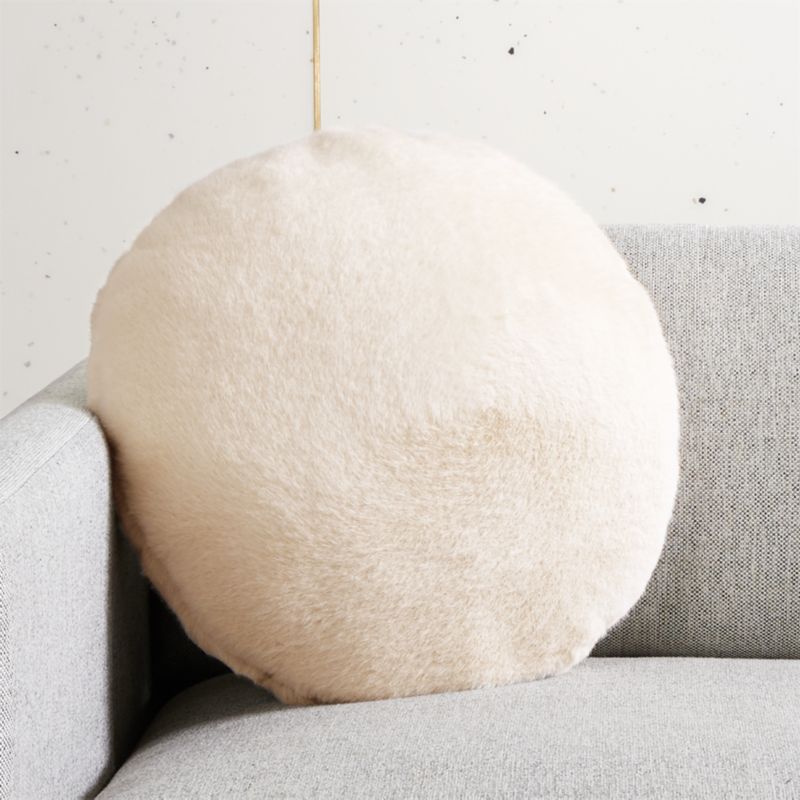 View Harlee Round Ivory White Faux Fur Throw Pillow 16" details